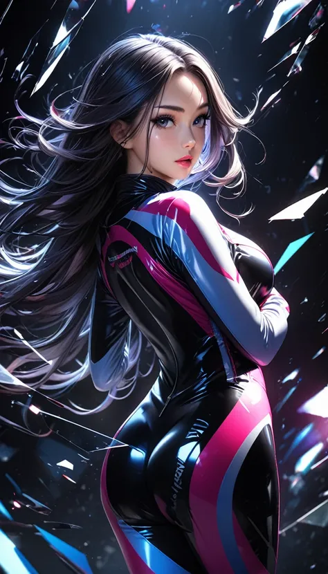 looking back, cool beauty racer, glossy silky hair, forehead, makeup, amorous and lewd expression, cortesy, elegance, dignity, captivating eyes, curvaceous, wearing tight-fitting racing suit with zipper down, open your chest wide, background shattered glas...