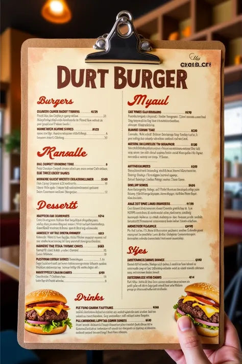 Menu for burger cafe