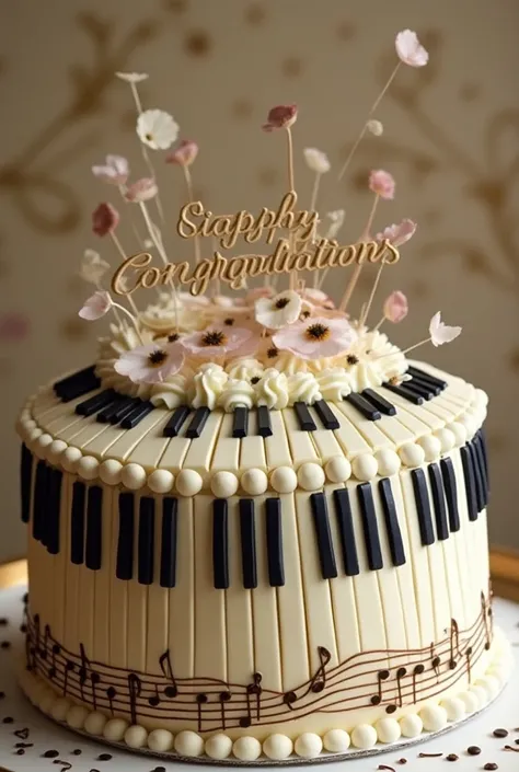 As another beautiful cake referring to the music and the musical keyboard that says congratulations Luis in Spanish