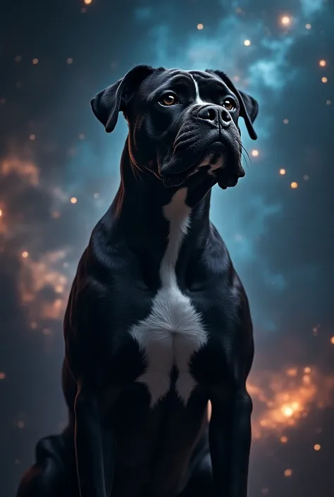  Create an image of my dog in the universe ,  he is a black boxer with white spots on his face, To hit the neck  