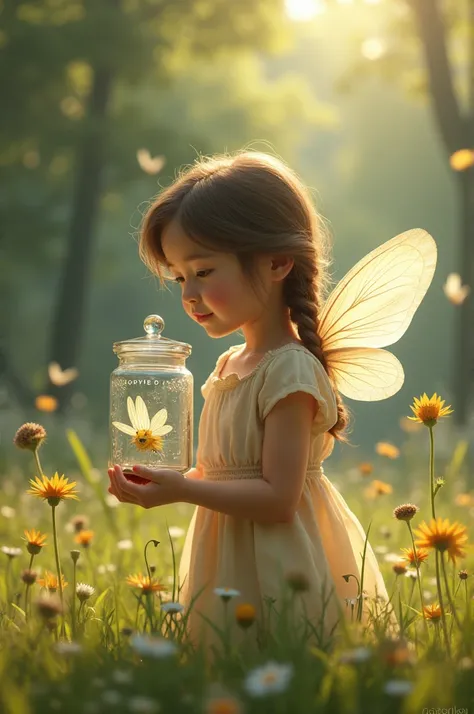 Girl catching a fairy with a glass jar 