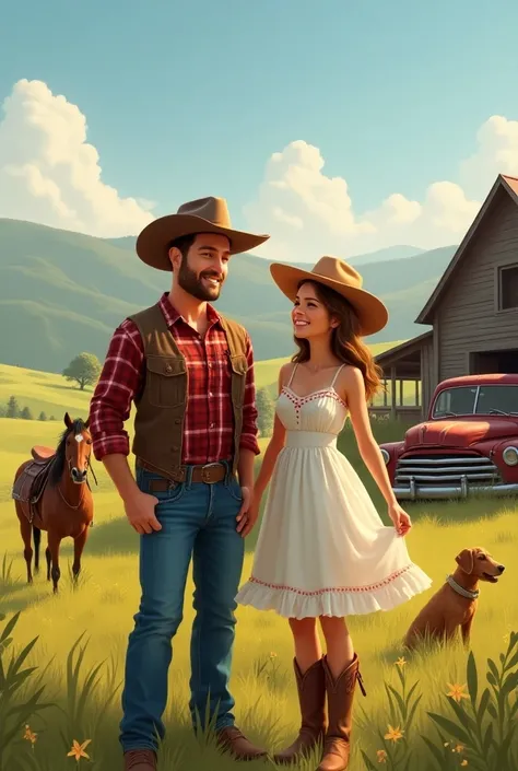 Image of a happy cowboy couple on the farm with their dog horse and car
