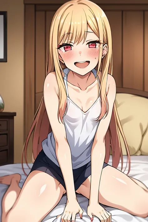 ((Best Quality)), ((masterpiece)), (be familiar with),  perfect face, indoor, bedroom, Watching the audience,
One woman, Kitagawa Marin,
Open Mouth, Ecstatic expression, blush, smile,
Small breasts,  flat chest, , , , Girl,
Long Hair, Long Hair,
Leg spread...