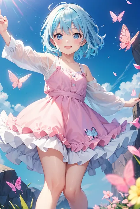 girl of an adorable jumping to catch a butterfly, break, cute 1girl, solo, (happy smile:1.2), round face, light blue eyes, short bob cut, wavy hair, (light blue hair, multicolored light pink hair:1.2), 