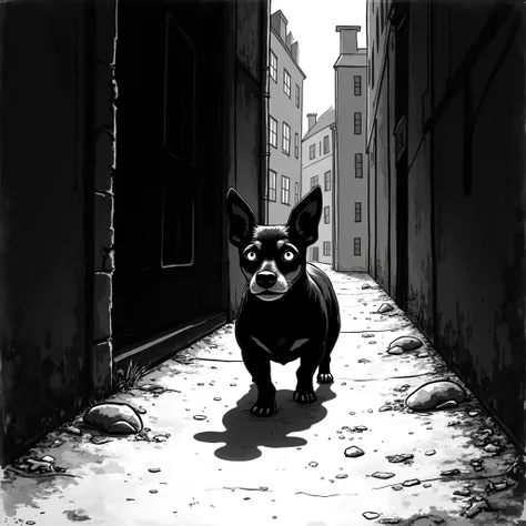  create a black and white comic based on the following text:  Black Meatball , The short and chubby little Pincher dog, Enter Alley ,  dragging her paws with a concerned look .