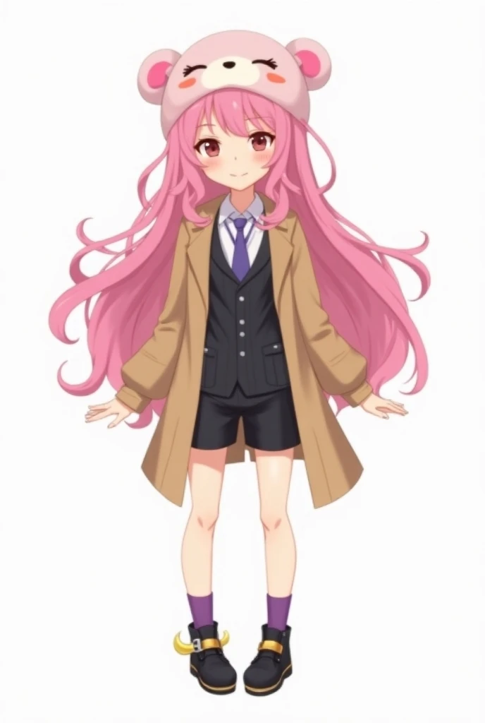 solo, transparent background, pink hair, long hair, :3, 1girl, full body, hat, shorts, black footwear, purple socks, shirt, black vest, crescent, cks, simple background, virtual youtuber, jacket, are ne, shoes // Tan Trench Coat Black Vest Pants Tie [+ // ...