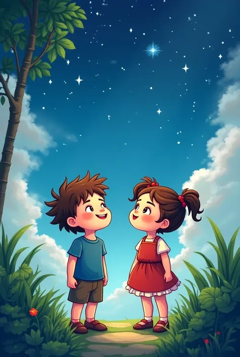 A cute Disney Pixel style boy and girl looking up
