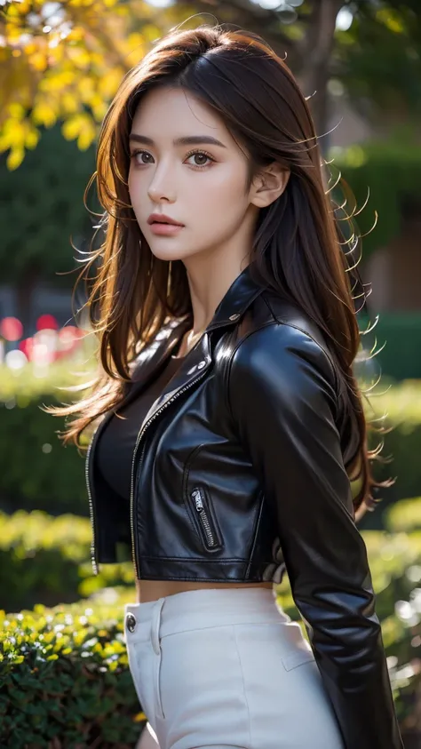 Master piece a poster of a beautiful woman with long brown hair Messy style, smooth skin, perfect face, perfect body, brown eyes, full body, futuristic, full head and hair, wearing dark leather jacket  with many expresion  procreate, 16k uhd Professional p...