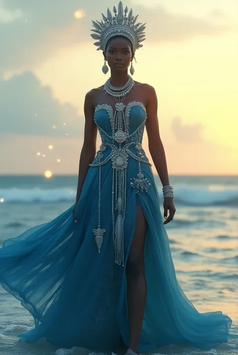 "Create a hyper-realistic, cinematic depiction of Yemanjá, the African orixá of the sea in Candomblé. She appears as a regal African woman with smooth, dark skin and a serene, powerful expression. Yemanjá wears a flowing, full-length gown that covers her e...