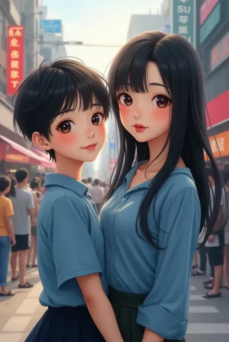 Asian girl and boy, (Cheveux courts  : 1.2) ,, white skin tone, long black hair, shiny lips, beautiful and detailed eyeyes, girl is wearing sky blue shirt and skirt,boy is wearing a black shirt and pant, both are standing in the  crowded street, boy and gi...