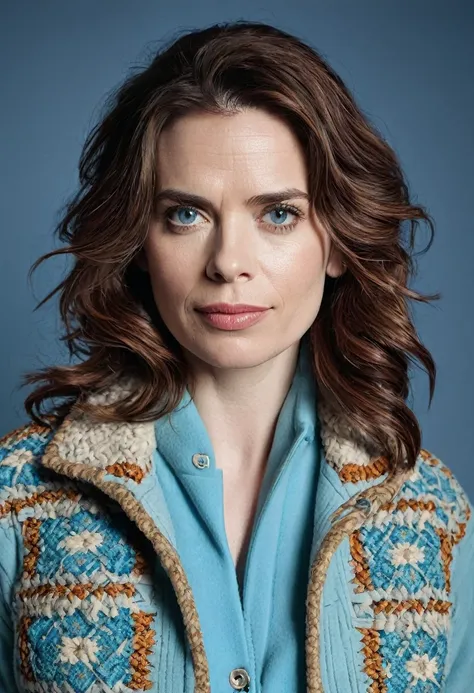  A photographic portrait of Hayley Atwell with bright blue eyes and a shoulder-length brown mane. She is dressed in a pale blue shirt and a bohemian-style hand-woven fleece jacket 