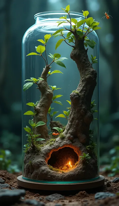  vertical ant glass terrarium :1.5, seen from the front,  dim lighting ,  you can see the tunnels made by ants, burrow , with leaves, en otra burrow  se ve la reina hormiga,  all 2D style like old game glass , UHD, Retina, masterpiece, Accurate, anatomically correct, Super detail, high details, high quality, Award Winning, best quality, highres, 1080P, HD, 16K