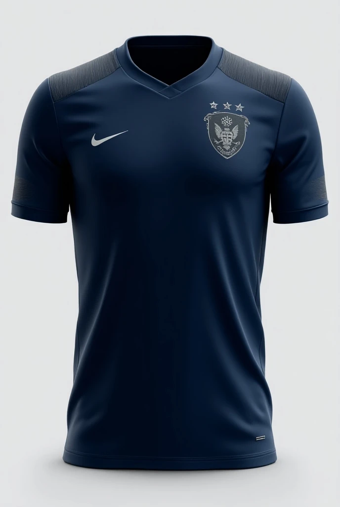 Create a dark blue and gray soccer club jersey, simulating sponsorships

