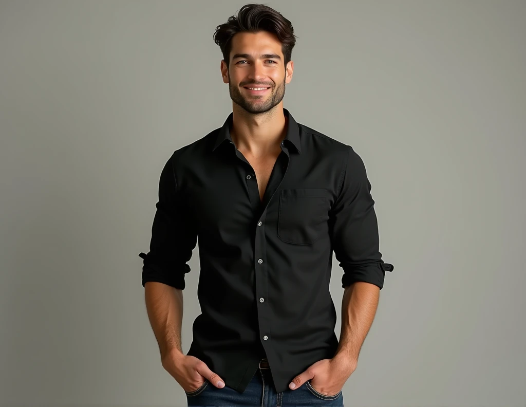 man with black hair and green eyes, very handsome and strong and with casual clothes , Wearing a black shirt and jeans looking like happy and smiling