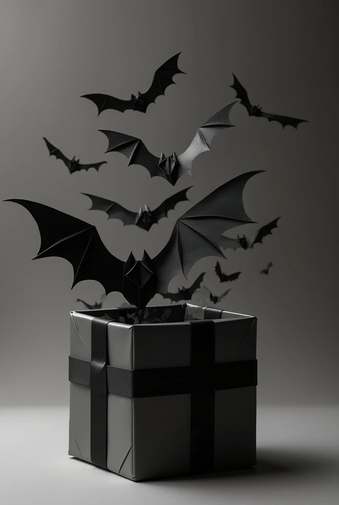 Create an image of the gift from the movie Incredible World of Jack,  black and white and the ribbon is black and when you open it a bunch of bats will come out( of paper) From the box . Que a tampa From the box  esteja aberta 