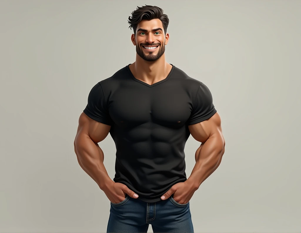 man with black hair and green eyes, very handsome and strong and with casual clothes , Wearing a black shirt and jeans looking like happy and smiling, full body