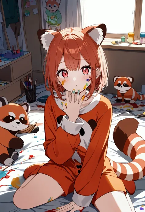 Create for me anime girl with red panda ears and tail wearing red panda pjs , she is sitting in a messy room, playing with paint with her hand and face have paint all over them she has both her hands open as if she’s waving to the camera 