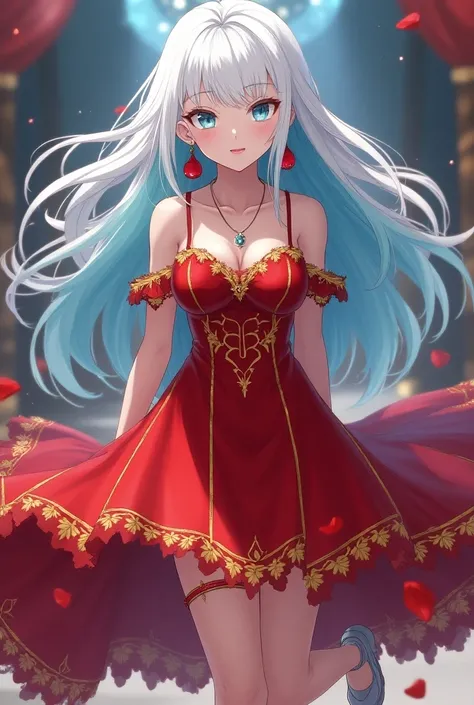 18 year old girl

Style of the anime Boku no Hero Academy

perky

Height 1.68

White waist-length hair , white with sky blue underside

Sky blue eyes

Red royal dress,  royal dress with gold details

Silver heels 

Earrings (earrings) reds