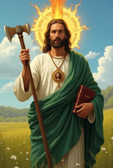 Saint Jude Thaddeus in his head golden aureole and flame of fire dressed in white with green cloak, medallion of Jesus, axe in one hand and bible in the other. Day field background  