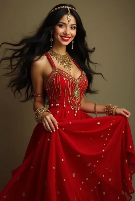 a 30-year-old gypsy woman with black hair wavy in the wind, She has a gold jewel on her head and with LOTS of gold jewels around her neck and wrists  , Its a voluminous red gypsy dress , SHE IS SMILING,  her mouth is fleshy and red and her eyes are piercin...