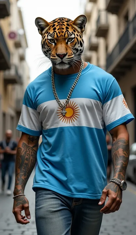  imagine An ultra-realistic puma hybrid dressed in Argentinian rapper clothes , Your body with jaguar skin,  with the blue and white striped shirt representing the countrys flag .  He walks the streets of Buenos Aires ,  surrounded by tango dancers and urb...