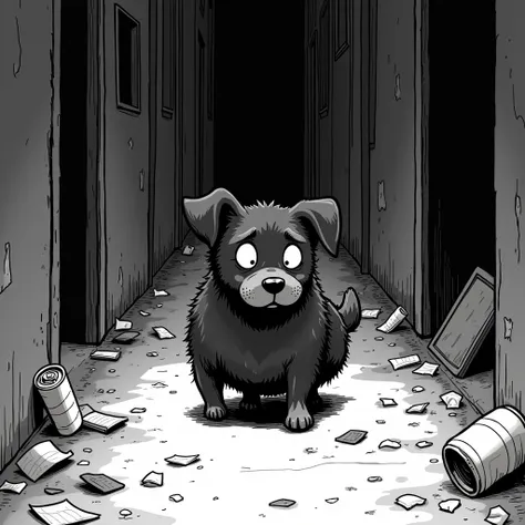  create a black and white comic based on the following text:  Black Meatball , The short and very chubby little Pincher dog, Enter Alley ,  dragging her paws with a concerned look .