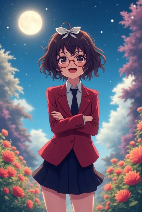 (Best quality)、A high school girl、Short  very messy curly dark brown hair、Smile、Mouth aberta、óculos、fita white、Red blazer、Regular black tie、Black miniskirt、Rising forward、Crossed arms、Flower garden and sky background full of stars and full moon
