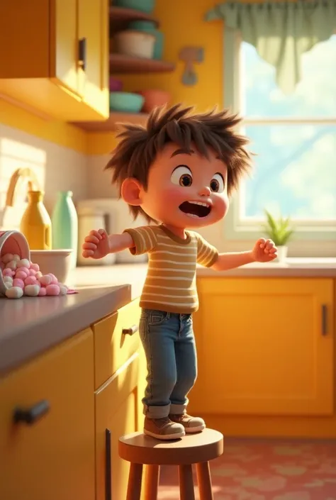 In cinematic 3d kartoon cromt images this 

	•	Timmy, around , standing on a stool in the kitchen.
	•	His messy hair sticks out in all directions, and he wears a striped shirt and jeans.
	•	On the kitchen counter, there’s a huge open bag of marshmallows. H...