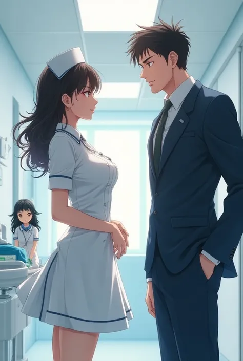 Manga cartoon, sexy pretty woman wearing nurse costume is standing facing handsome looking man, sexy doll wearing doctors uniform in hospital