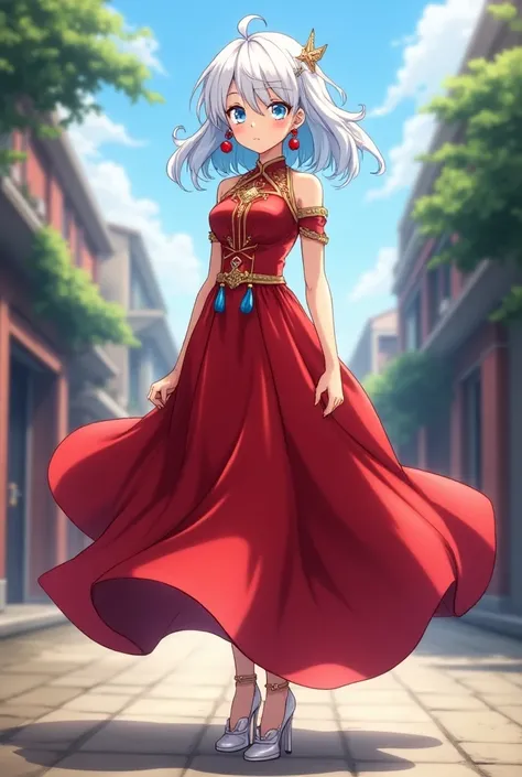 18 year old girl

Style of the anime Boku no Hero Academy

perky

Height 1.68

White waist-length hair , white with sky blue underside

Sky blue eyes

Red royal dress,  royal dress with gold details

Silver heels 

Earrings (earrings) reds