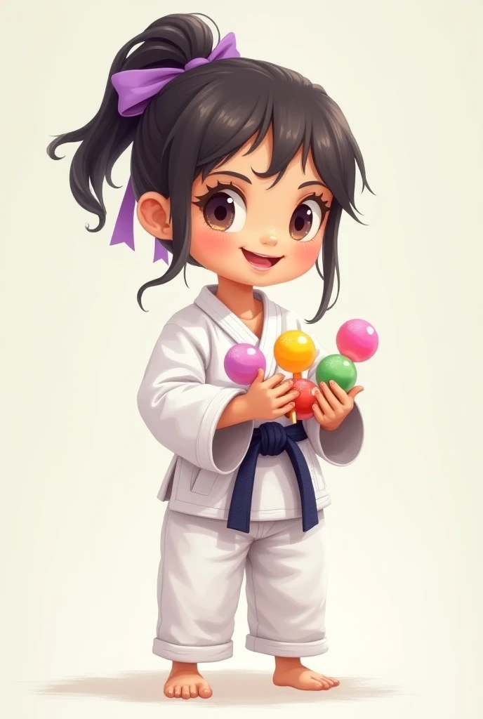 Generate a judoka with four candies in her hand with a purple ribbon in a cartoon