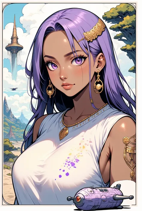 ((best quality)), ((masterpiece)), (detailed), perfect anime waifu girl face, her name is Lovelot, she has long straight purple hair, she wears a white tunic with a series of shapes printed on it that look like code, her skin is brown, her eyes are purple,...