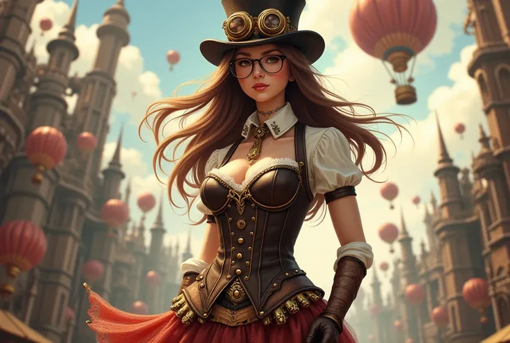 ((masterpiece)) ((photography)) ((Highest quality))  hyper-realistic illustration of a confident young woman with long, flowing brown hair and round glasses. She is dressed in a meticulously detailed steampunk outfit, featuring a fitted leather corset and ...