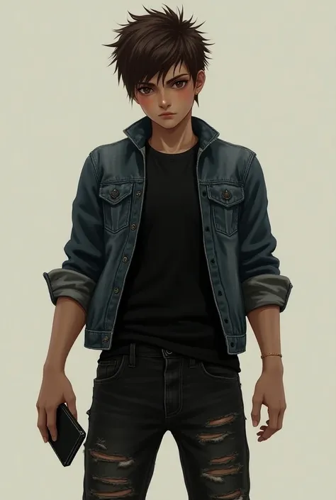 adult, delinquent, short hair, therefore, brown eyes, black shirt and denim jacket, ripped pants, cruel look, with a cell phone in hand, standing, strong, spiky and short hair,