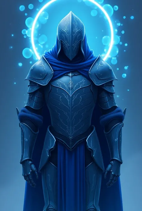 Make it anime style,  Make an armor that represents sadness ,  the main color of this armor is blue ,  on the helmet this armor has designs similar to tears, This armor has some blue cloths , Make it anime style, Make that full armor , Make blue magic circ...