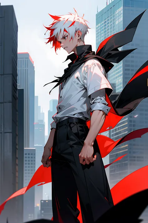 1male, Young Adult, White Hair With Red Highlights, Short Hair, Spikey Hair, Black Cape, Black Eyes, White Shirt, Black Pants, Angry, City Background, Standing On Path