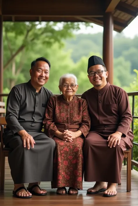 Two pairs of male parents, Muslim female 60 years old Asian Indonesia 
Sitting on the porch of the house facing towards the camera 