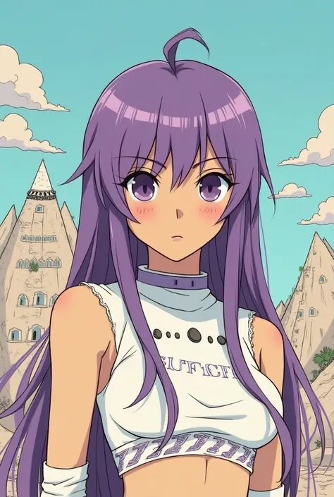 ((best quality)), ((masterpiece)), (detailed), perfect anime waifu girl face, her name is Lovelot, she has long straight purple hair, she wears a white tunic with a series of shapes printed on it that look like code, her skin is brown, her eyes are purple,...