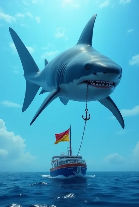 Sur locéan Indien, Un Énorme requin bleu calme se trouve au dessus dun bateau de croisière tel le Titanic mais petit que celui-ci avec le drapeau de Madagascar flottant sur son pont, dont lancre de ce bateau, tel celui de la marine nationale et relié par u...