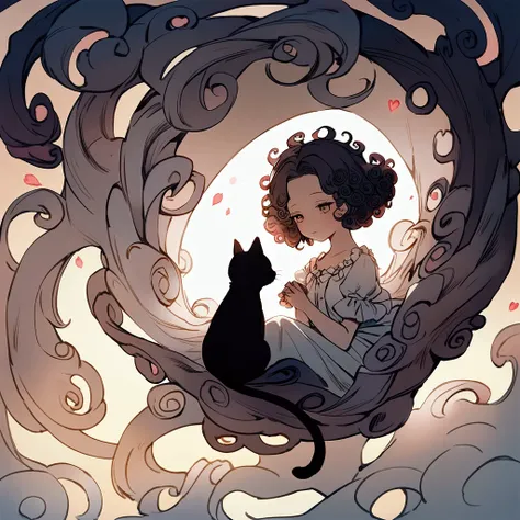 A fairytale image of a black cat falling in love with a white cat with curly hair, very curly