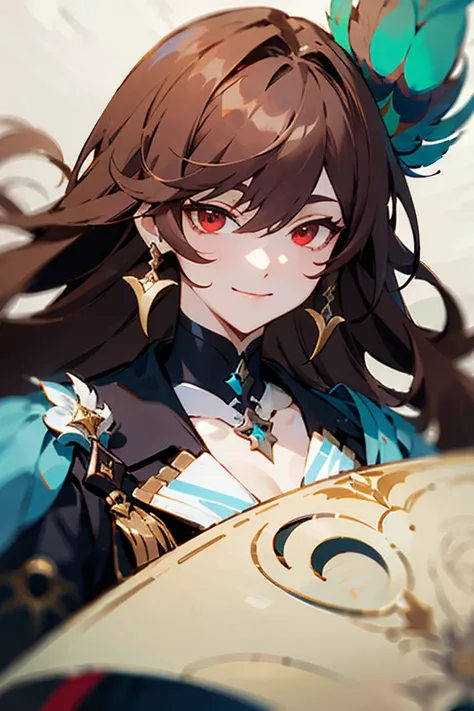 ((best quality)), ((masterpiece)), (detailed), Male, long hair, red eyes, bright brown hair, dark clothes adorned with peacock feathers, smilling, Vita (Honkai Impact 3rd)