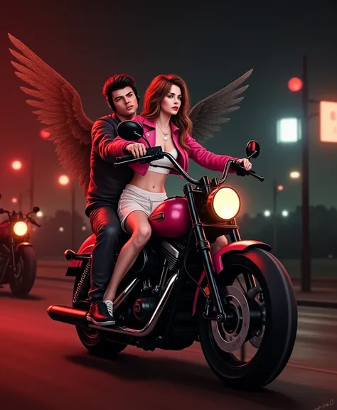  realistic illustrated image , a couple riding motorcycles at night on the illuminated road very beautiful,beautiful teenage girl, long brown hair ,brown eyes,white skin tone,perfect and beautiful face, full lips pink ,,lovely, wears a short white dress an...