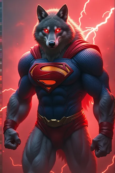 Create a wolf with body of hulk clothes of super man and weapons of iron man and speed of flash with red thunder ⚡ in background 