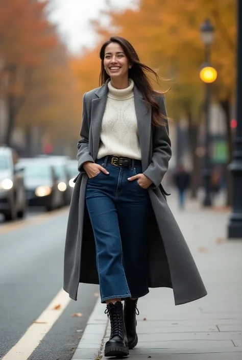 A walk in the style of "quiet luxury" in the autumn city. A joyful woman in a gray coat and a milky oversized sweater of large knit with a minimalist design and a very long dark blue denim skirt to the floor with a high waist is walking along a city street...