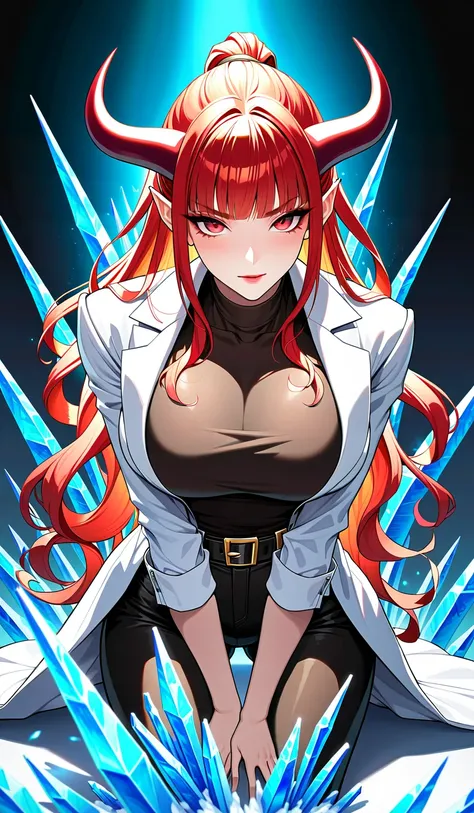 Masterpiece, very detailed, ultra detailed, one, (1 woman), The image shows a woman with long red hair and blood-red eyes, dressed in a white laboratory coat over a red tight-fitting sweater. She is also wearing black tight pants and a belt with a gold buc...