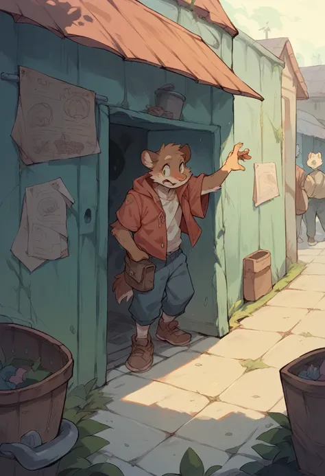 A young male adolescent human boy in a sewer hiding place with several anthropomorphic furry rats looks at him 