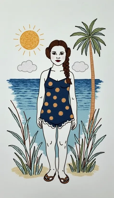 Simple embroidery stitch design, illustration style:
portrait young Kerry Fisher as Leia Organa,
young Leia Organa in a amber swimsuit mini-bikini with white edging, amber sandals, Leia stands tall, in a relaxed pose, smiling, hands on her waist, in the ba...