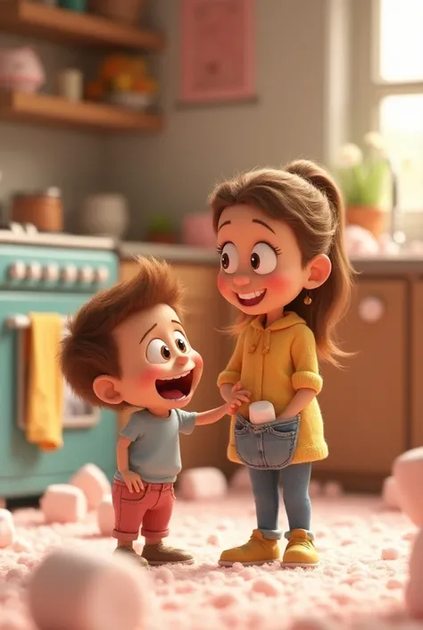 In cinematic 3d kartoon cromt images this

	•	As they both stand in the marshmallow-strewn kitchen, a single marshmallow falls out of Mom’s pocket onto the floor.
	•	Both Timmy and Mom look down at the marshmallow in surprise.
	•	They exchange wide-eyed gl...