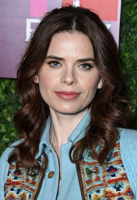  Hayley Atwell with bright blue eyes and a shoulder-length brown mane. She is dressed in a pale blue shirt and a bohemian-style hand-woven fleece jacket 