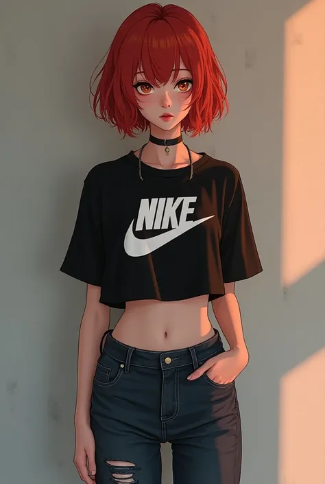 Beautiful girl, Short red hair, ojos japoneses, dark skin, dressed in jeans, Nike short blouse and sneakers